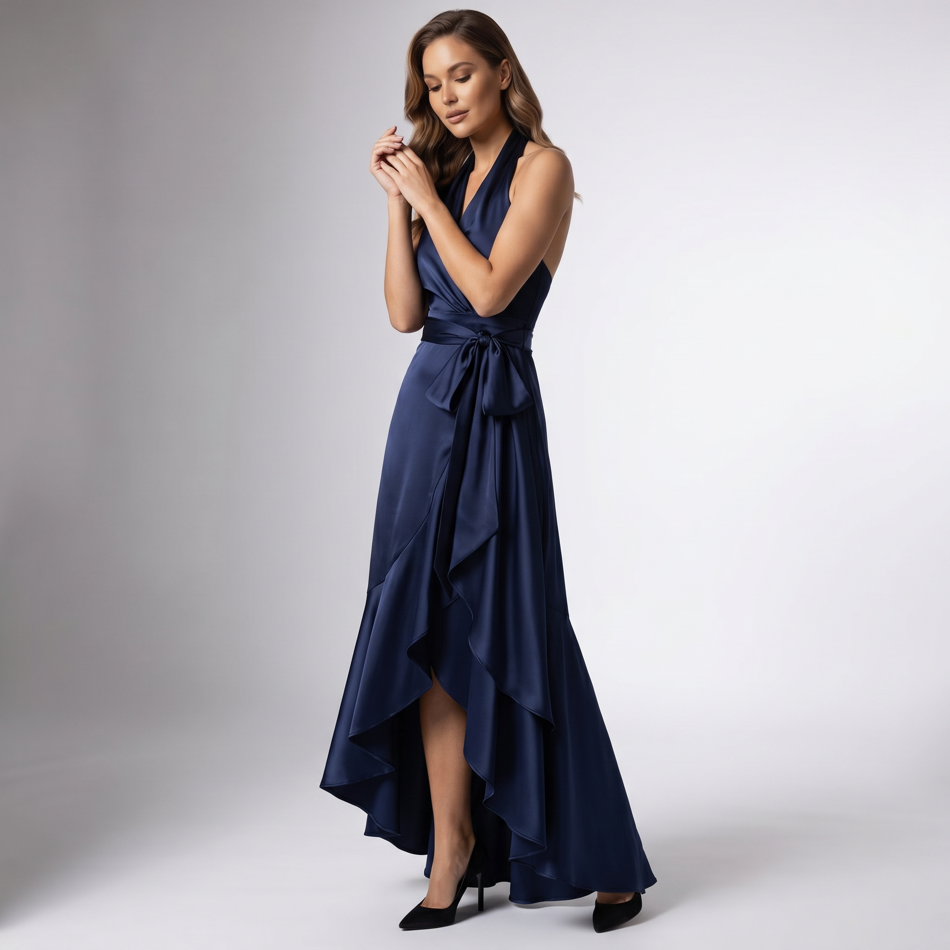 Navy blue draped halter wrap gown with waist tie and asymmetrical layered hem