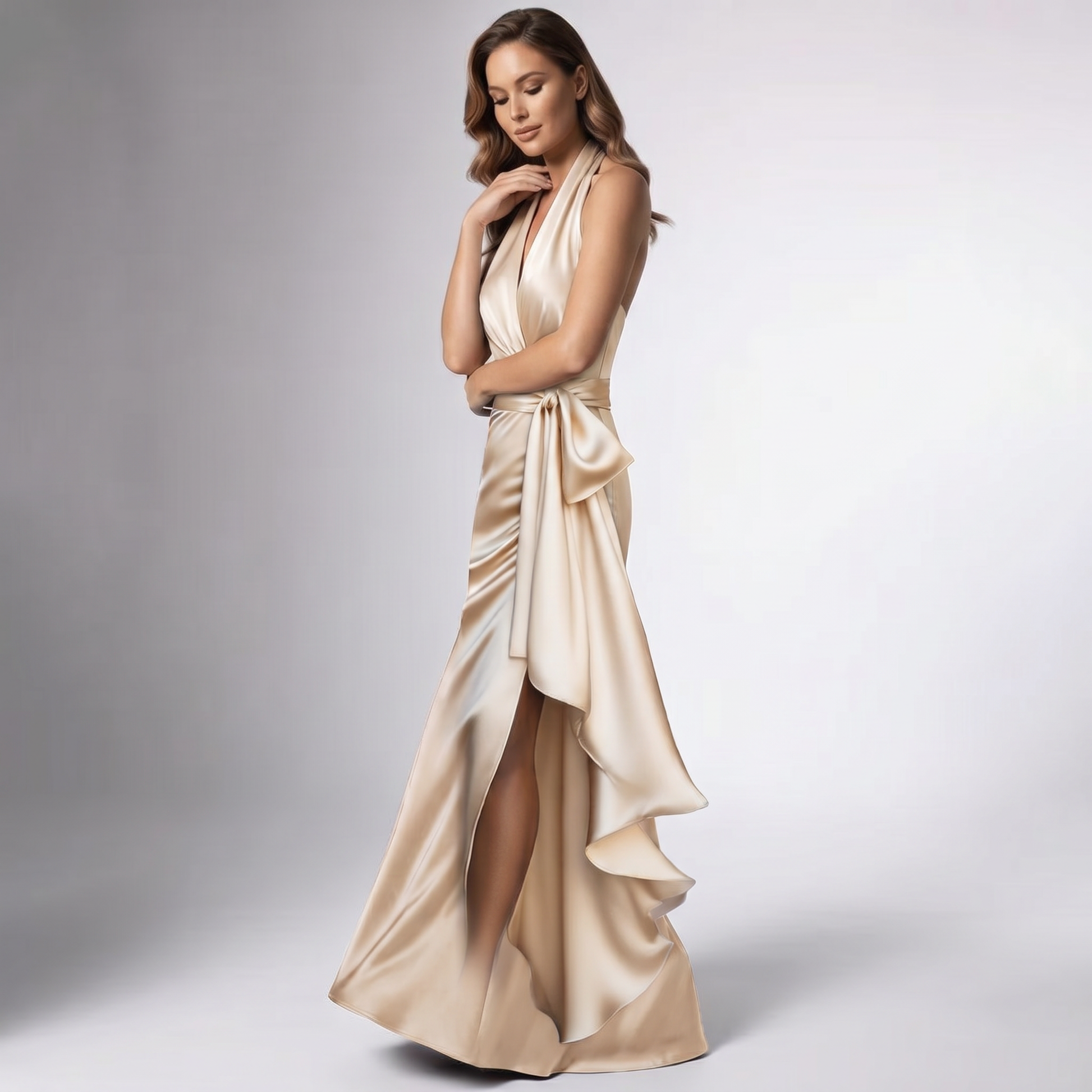 Champagne draped halter wrap gown with V neckline and ruffled asymmetrical hem