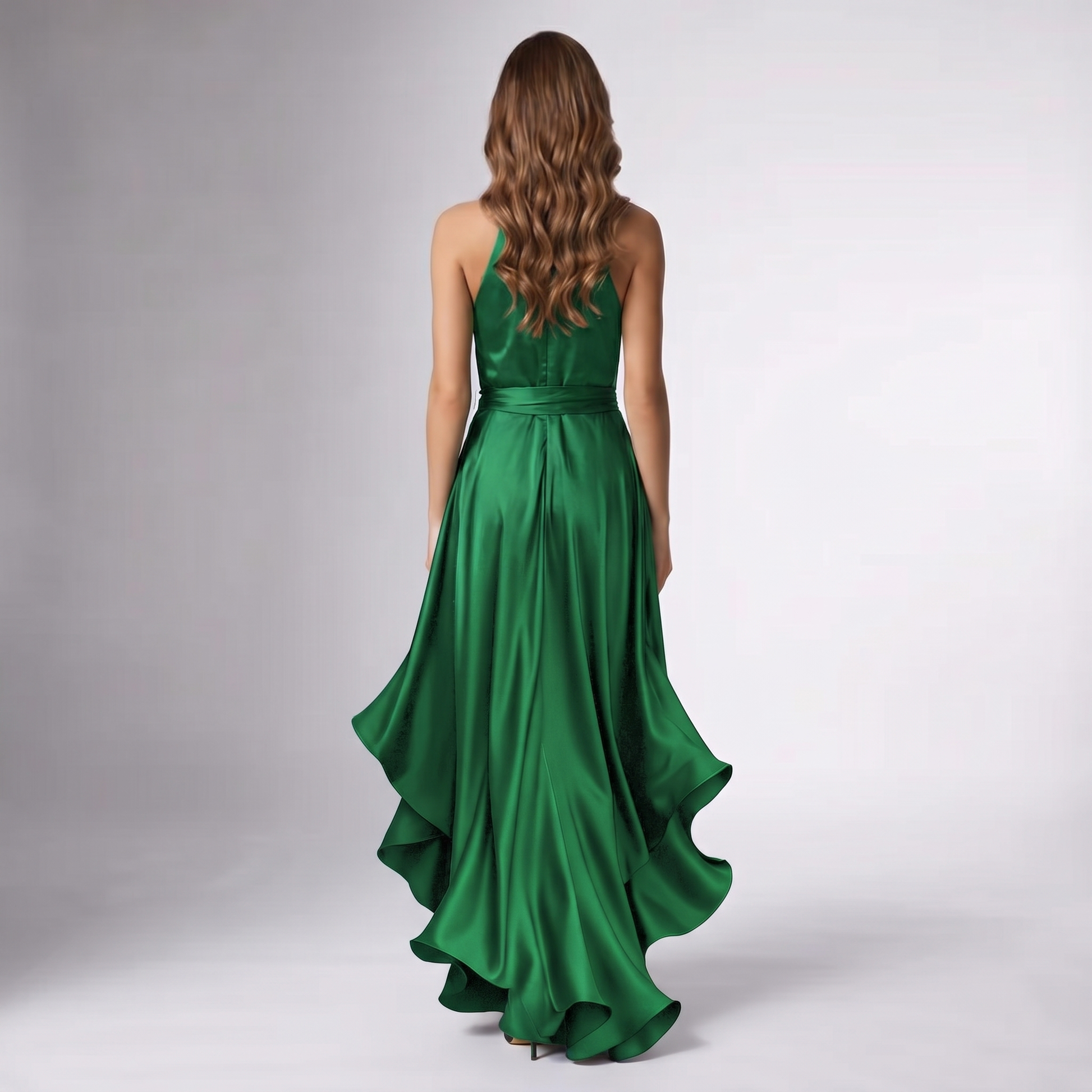 Green draped halter wrap gown, open back view, knot waist, layered flounce hem