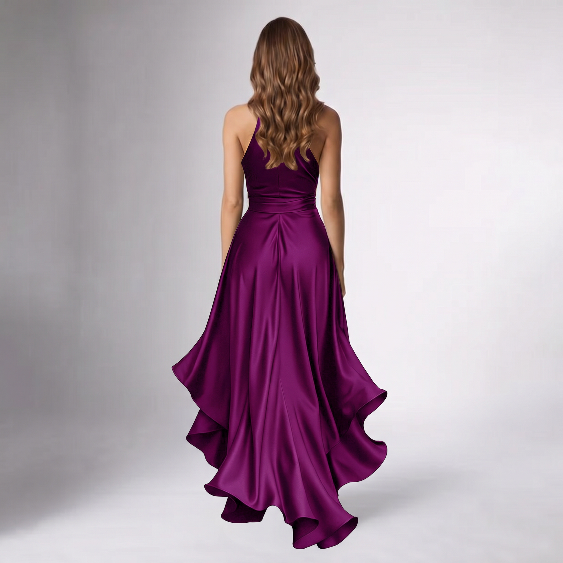Purple draped halter wrap gown, V back, knotted waist, layered asymmetrical hem