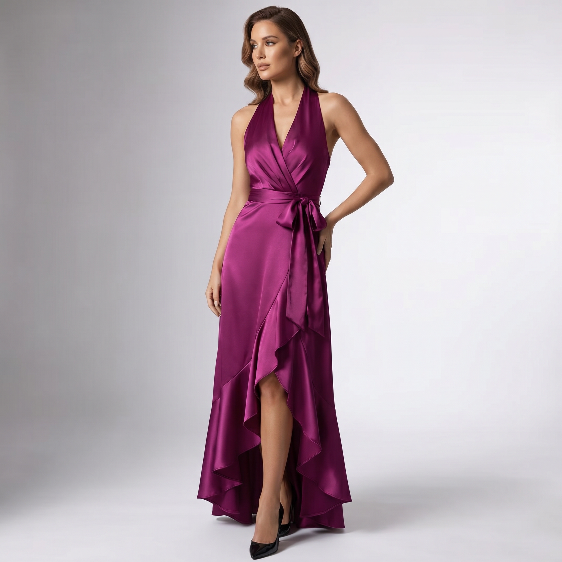 Purple satin halter wrap gown with draped waist and asymmetric high-slit hem