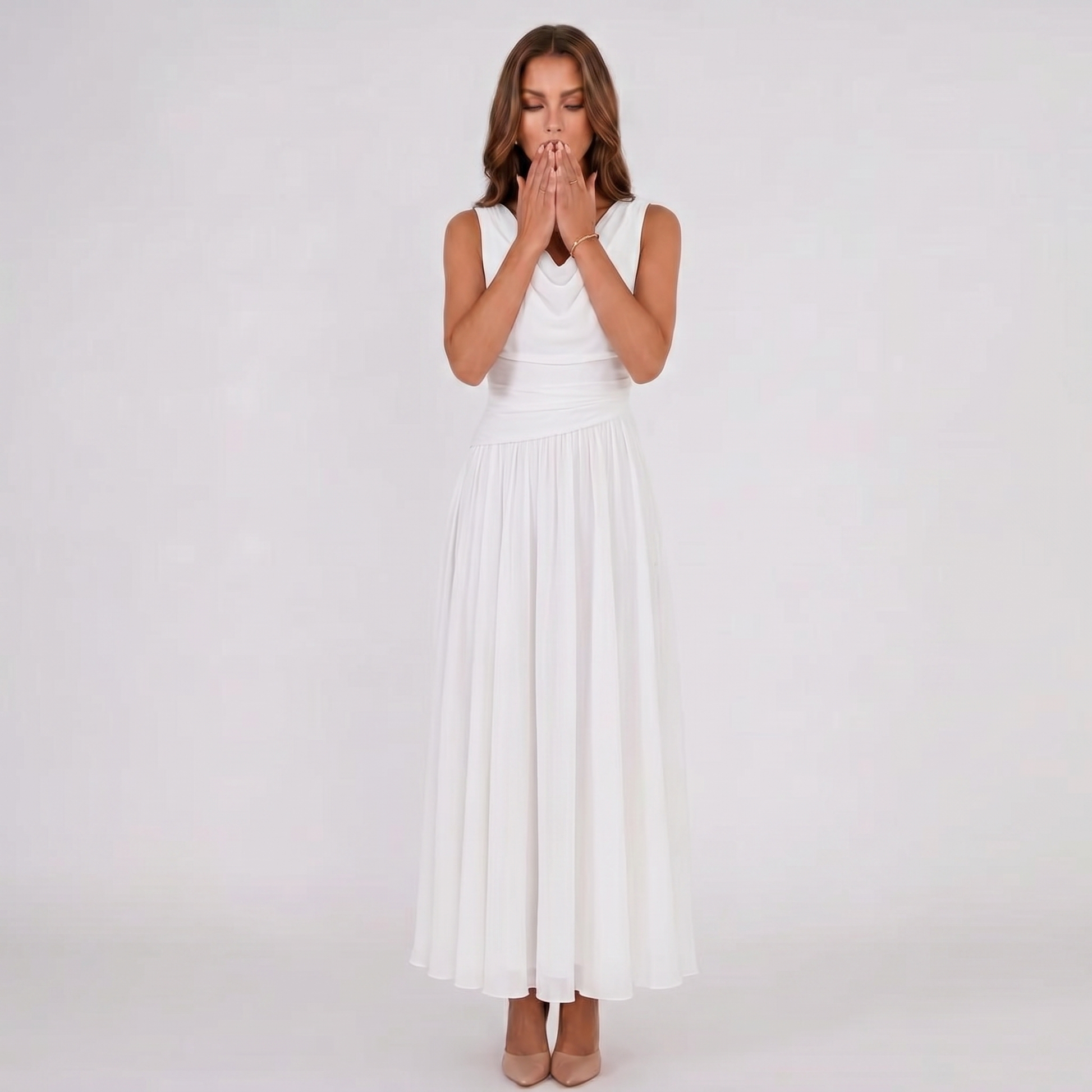 White draped-neck midi dress with pleated skirt, sleeveless