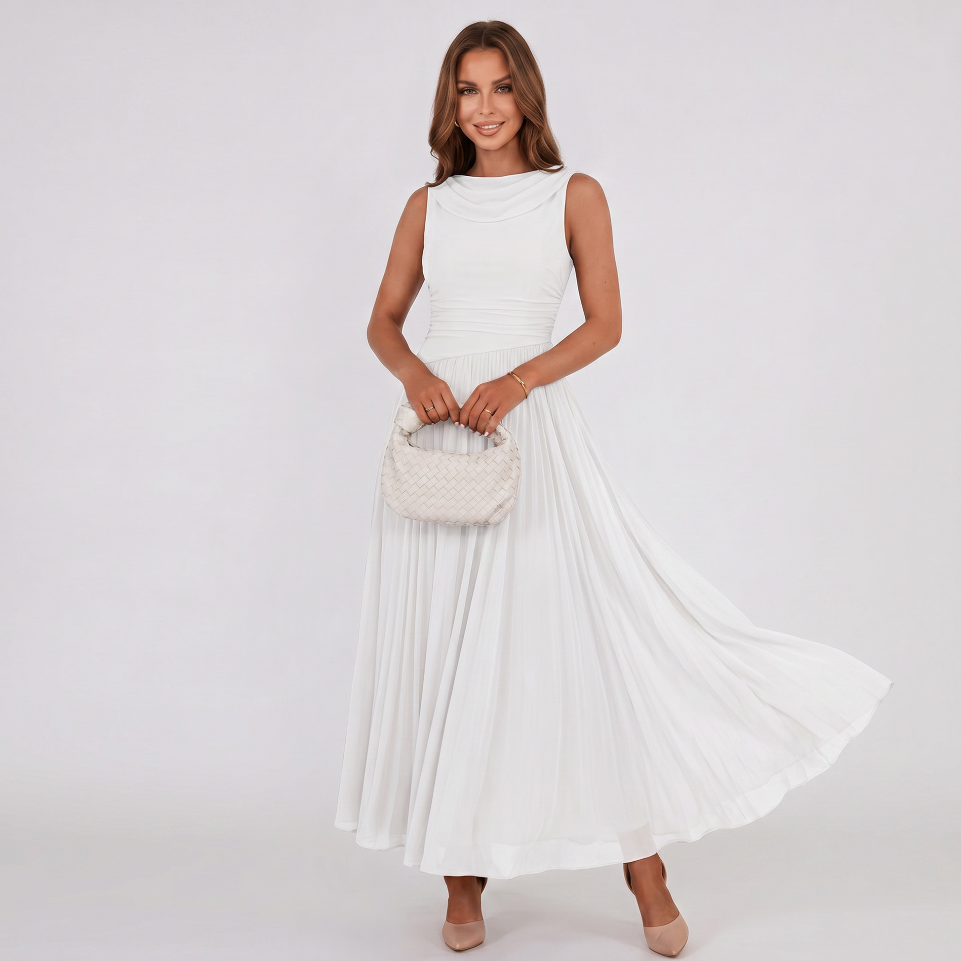 White draped-neck midi dress with pleated skirt, sleeveless, gathers at waist