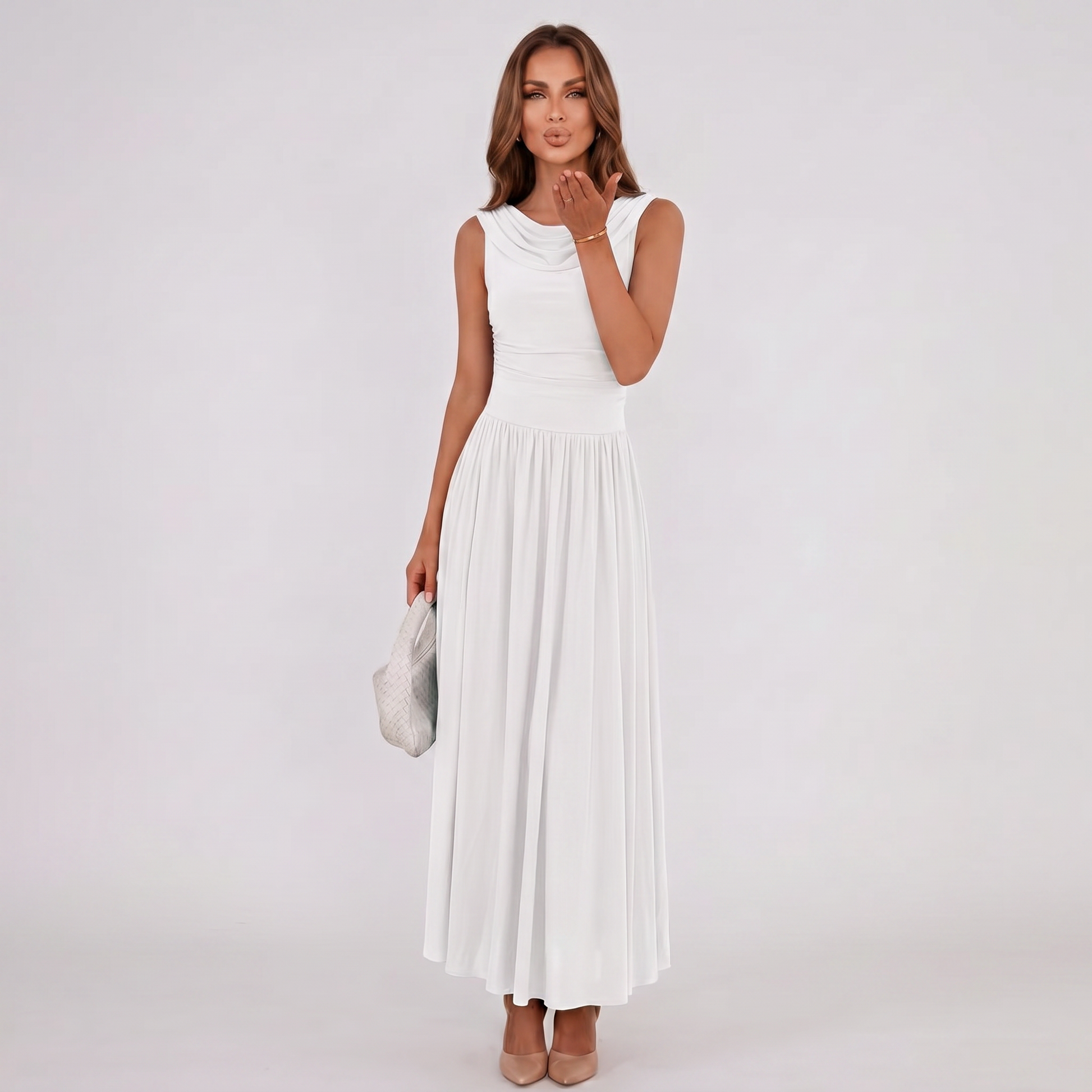 White draped-neck midi dress with pleated skirt, sleeveless, waist ruching