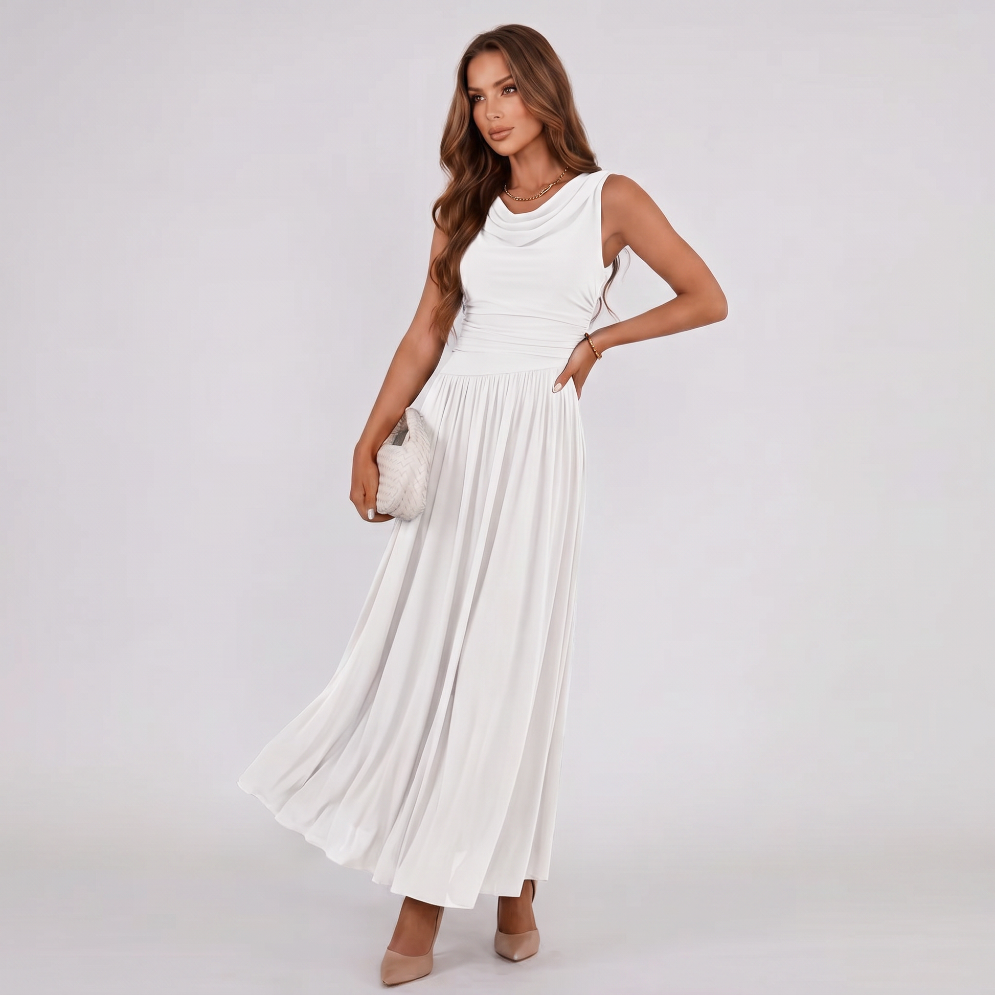 White draped-neck midi dress with pleated skirt, sleeveless, full-length view