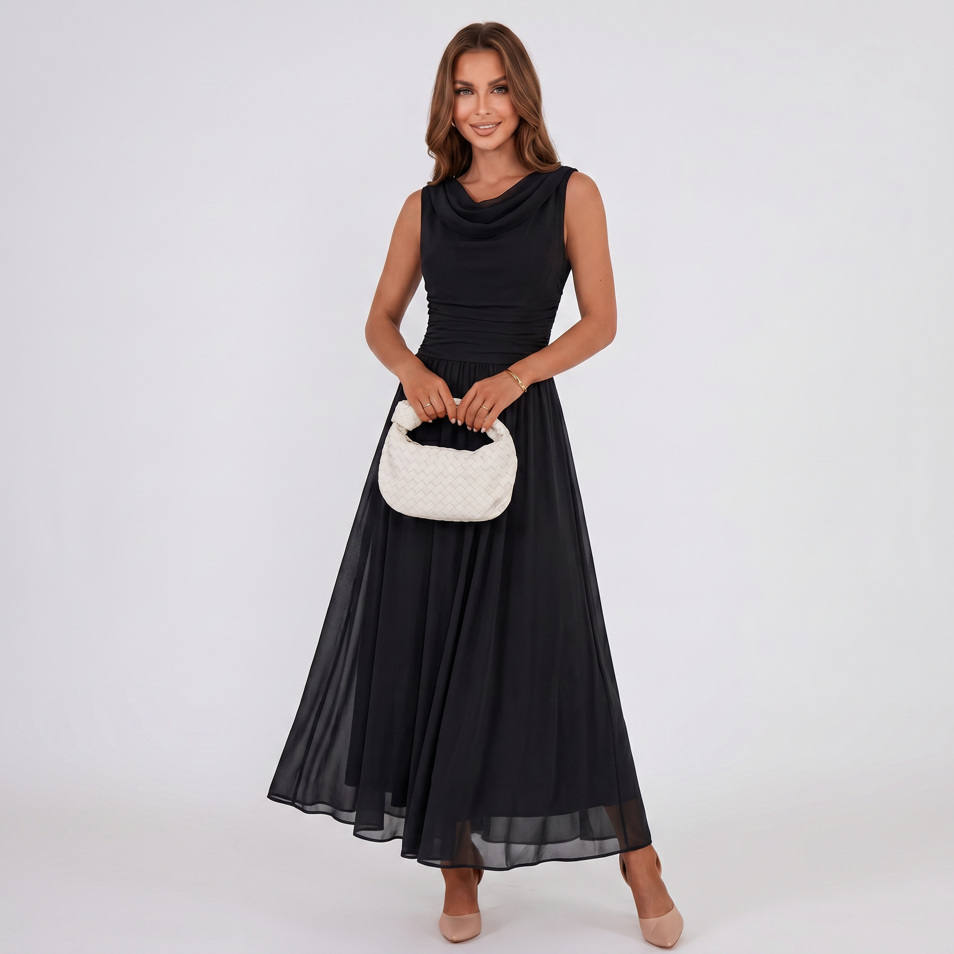 Black draped-neck midi dress with pleated skirt, sleeveless