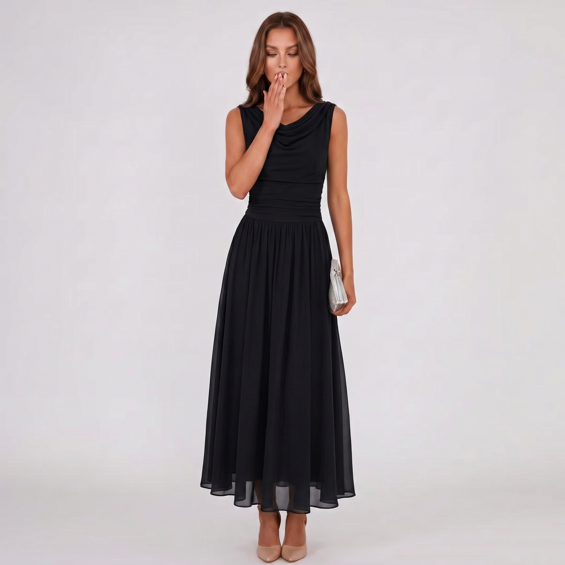 Black draped-neck midi dress with pleated skirt, sleeveless, draped cowl neckline