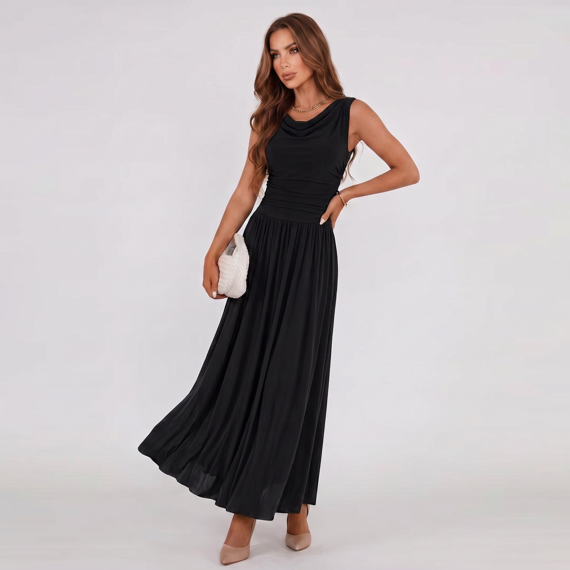 Black draped-neck midi dress with pleated skirt, sleeveless, side angle