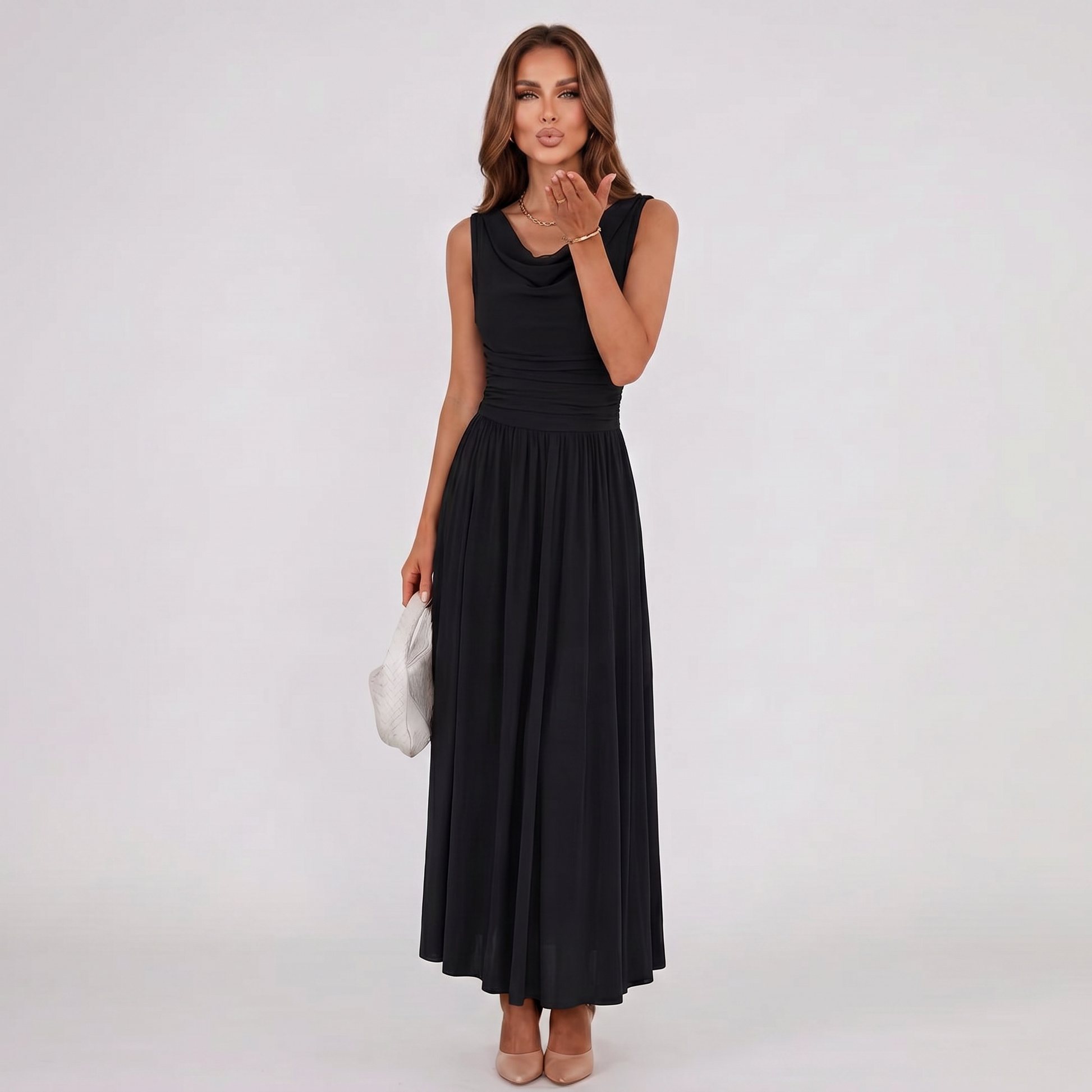 Black draped-neck midi dress with pleated skirt, sleeveless, midi length