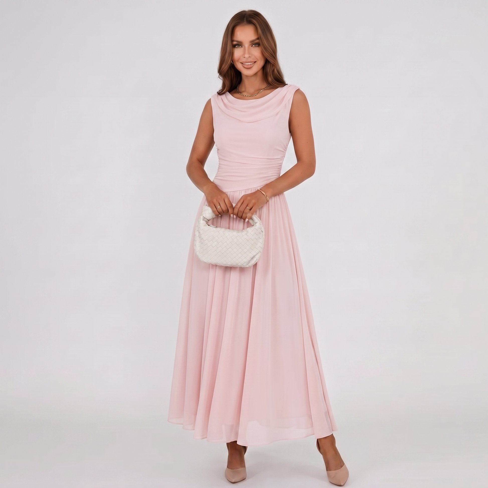 Pink sleeveless draped-neck midi dress with pleated bodice and flowy skirt