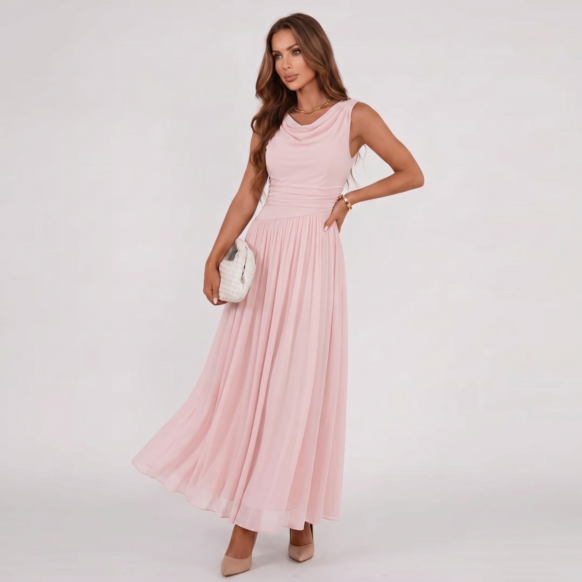 Pink sleeveless draped-neck midi dress with gathered pleats at the waist