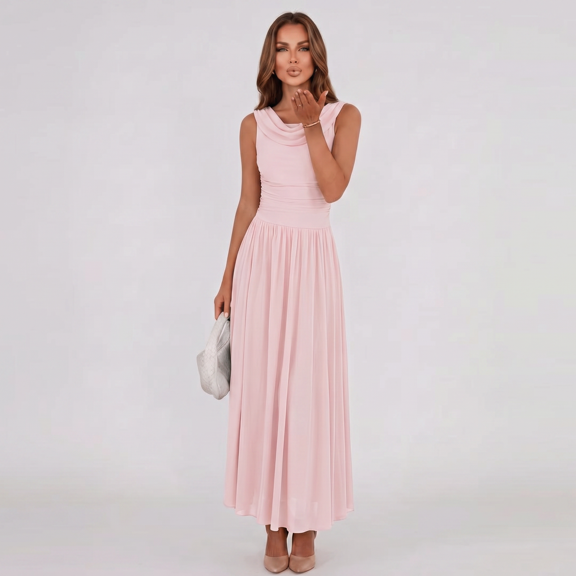 Pink draped-neck sleeveless midi dress with vertical pleats and gathered skirt