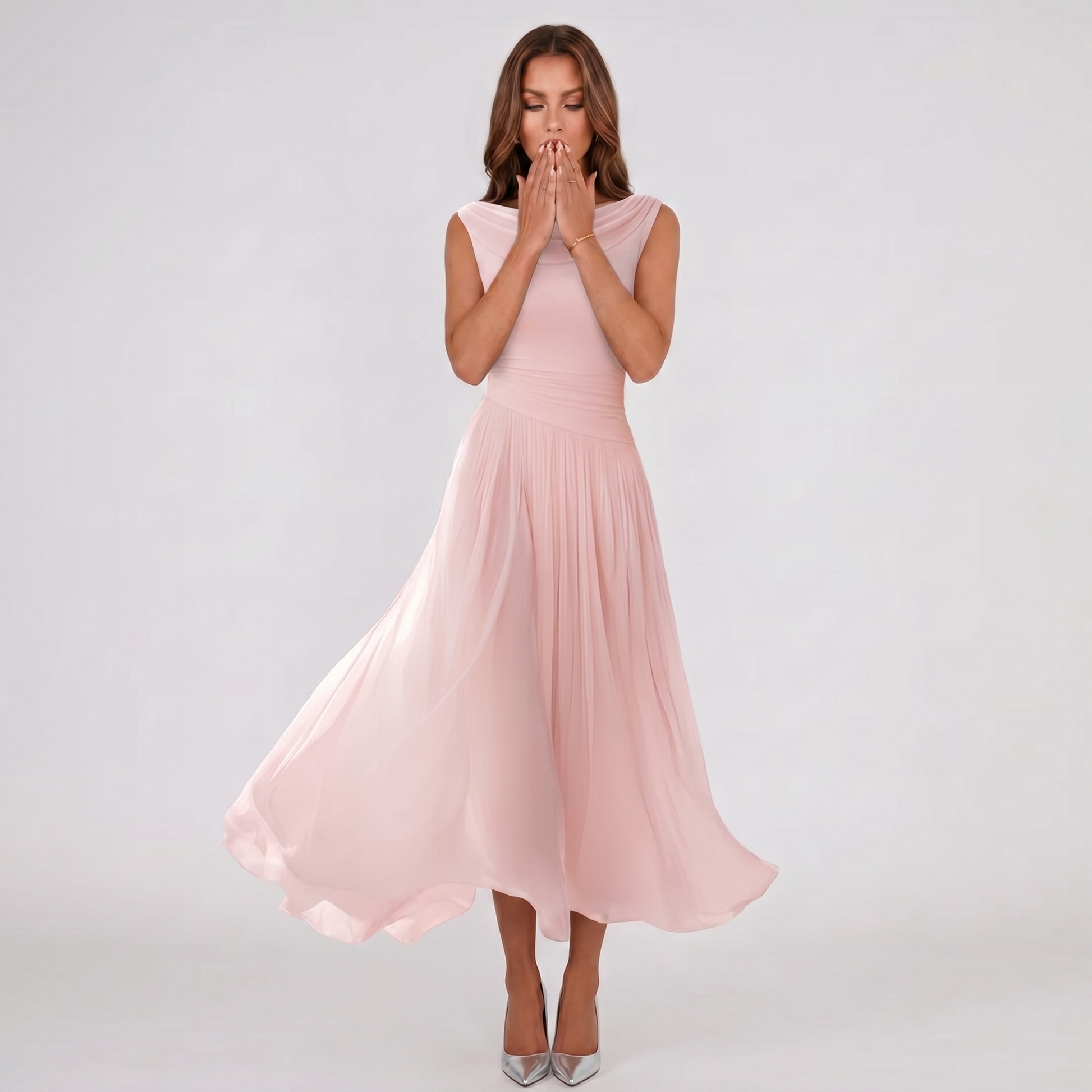 Pink sleeveless draped-neck midi dress with tiered pleats and soft swing hem