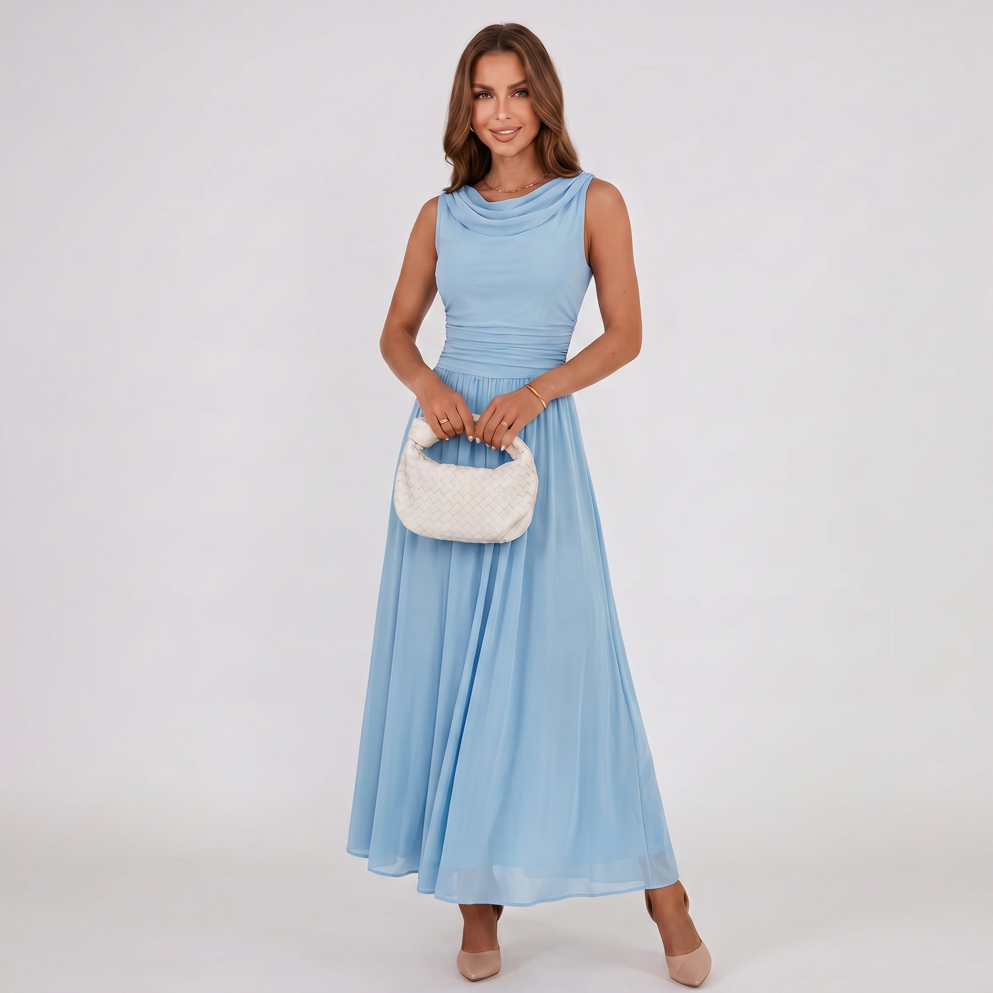 Sky blue sleeveless draped-neck midi dress with pleated bodice and gathered skirt