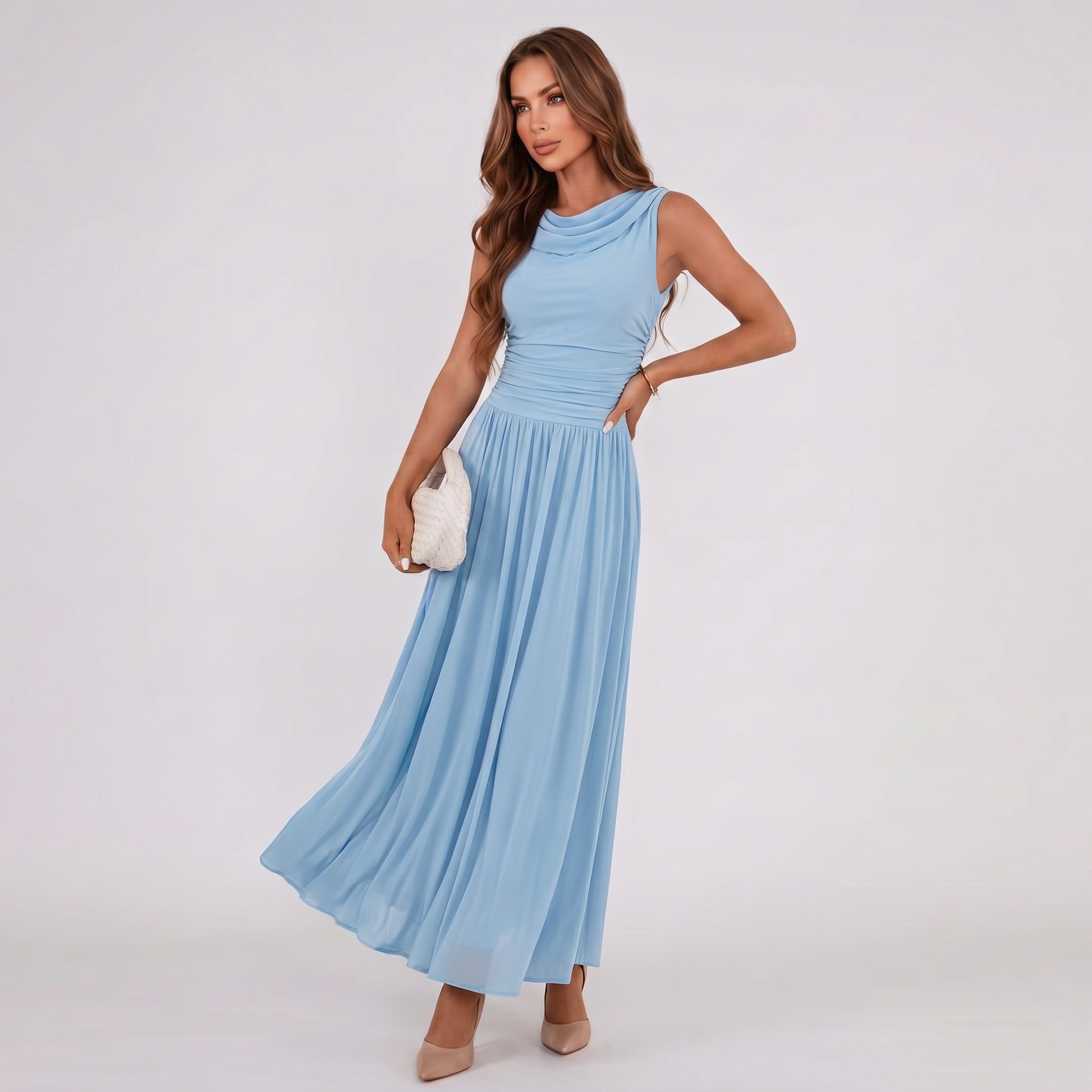 Sky blue draped-neck sleeveless midi dress with flowing pleats and gathered waist