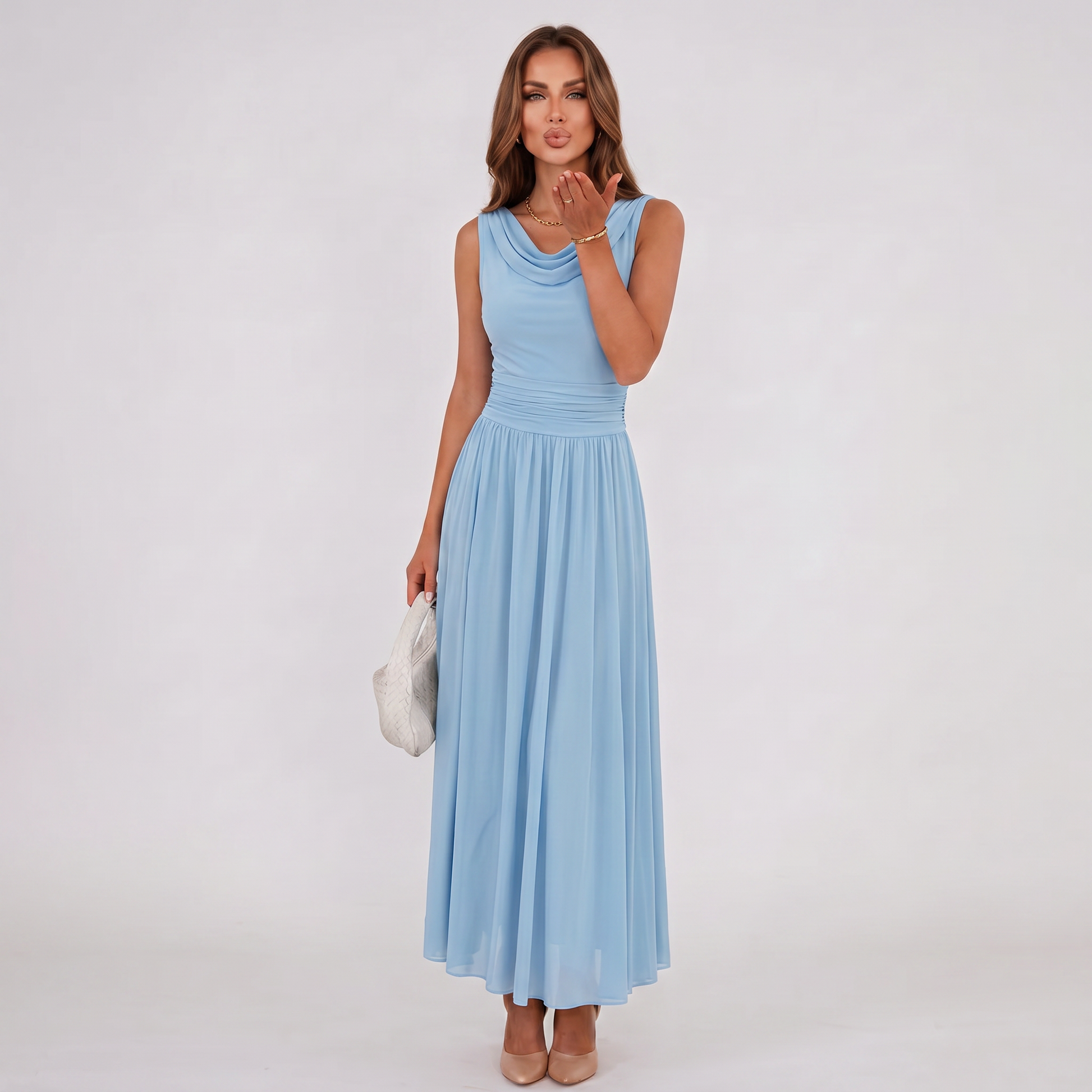 Sky blue sleeveless draped-neck midi dress with pleated skirt and cinched waist