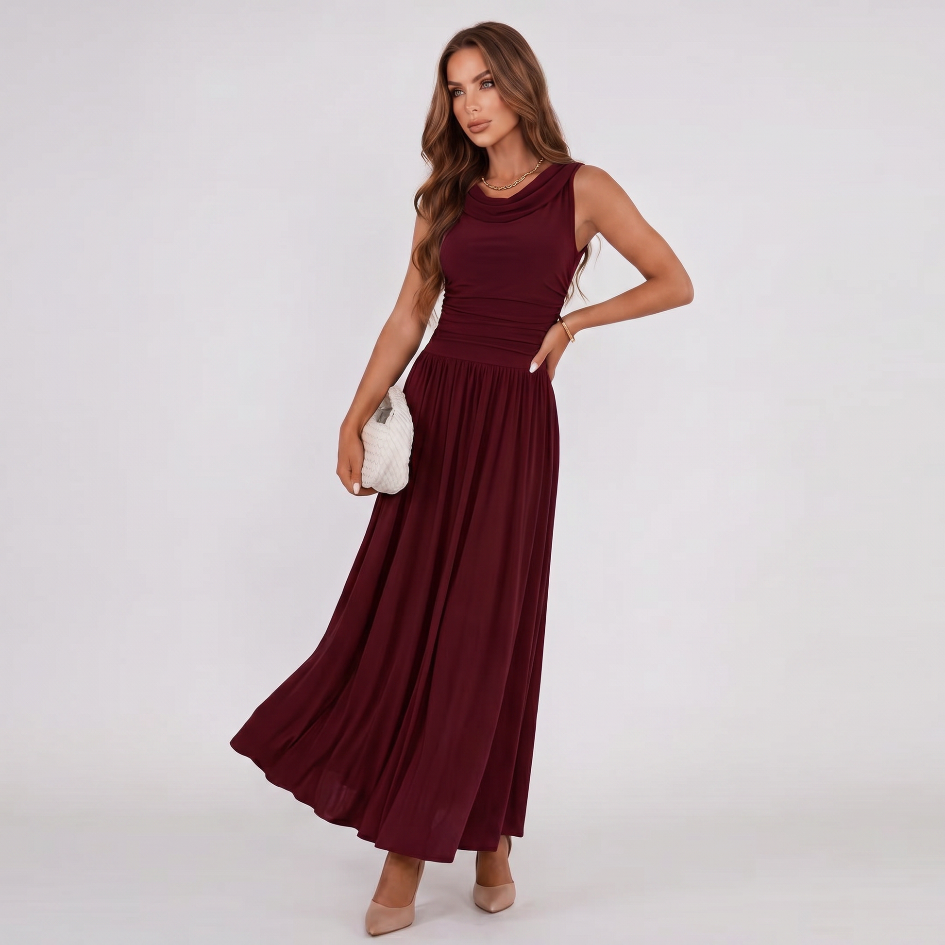 Burgundy sleeveless draped-neck midi dress with gathered pleats and soft flared hem
