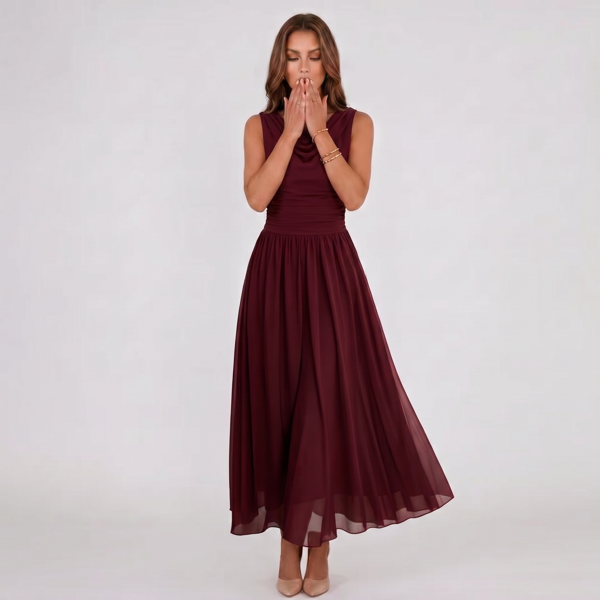 Burgundy draped-neck midi dress with pleated skirt, sleeveless