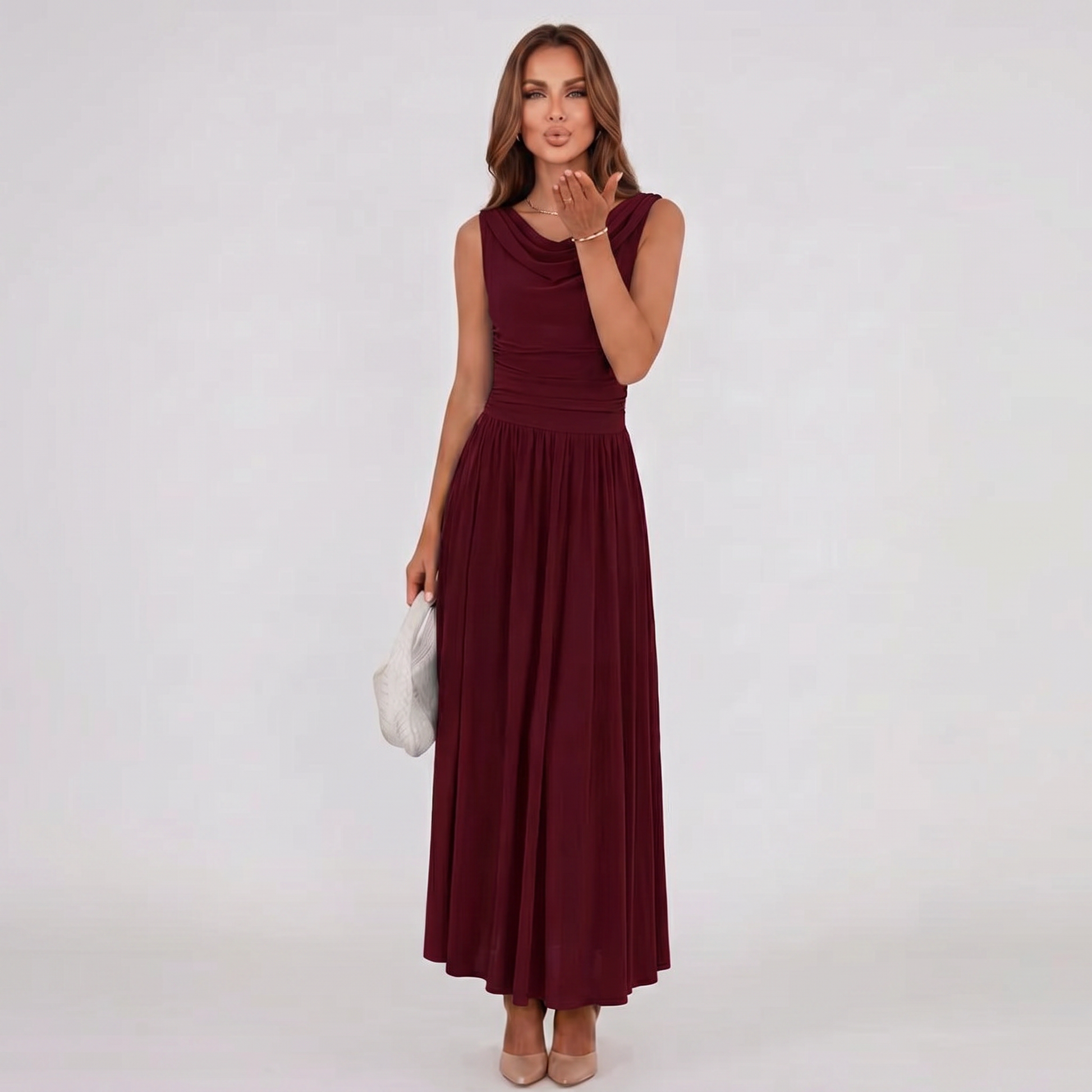 Burgundy draped-neck midi dress with pleated skirt, sleeveless, side view