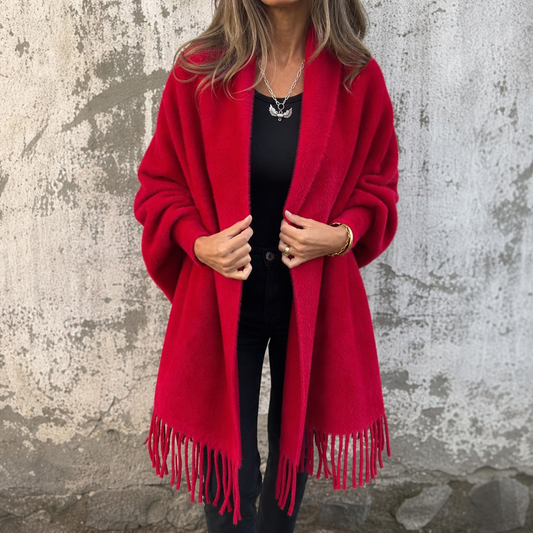 Draped Shawl Collar Open-Front Wool Coat