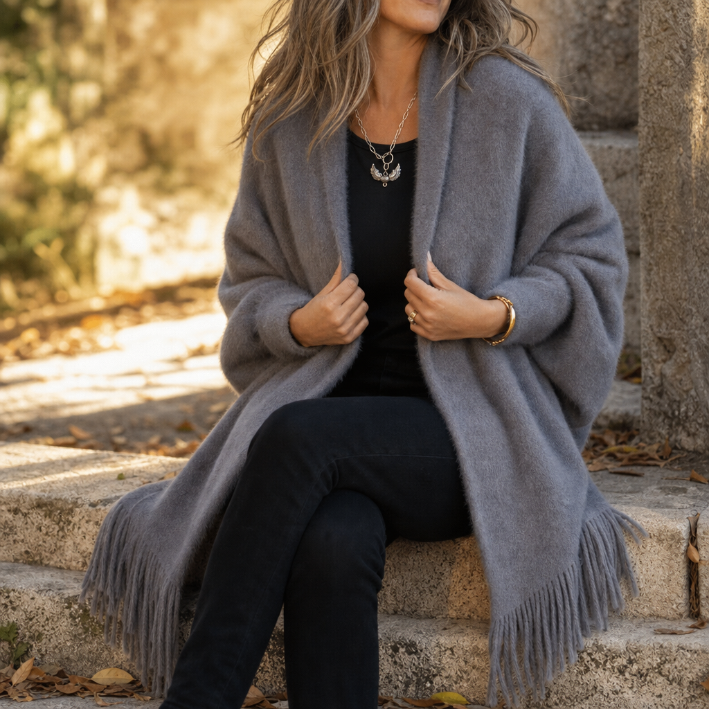 Draped Shawl Collar Open-Front Wool Coat
