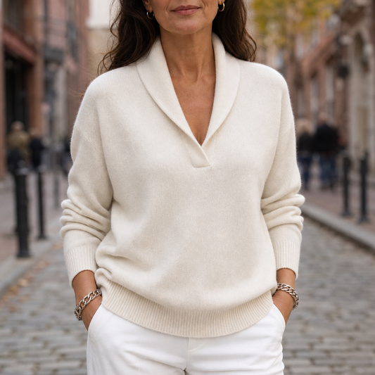 Cream V-neck sweater with draped shawl collar and ribbed sleeve cuffs