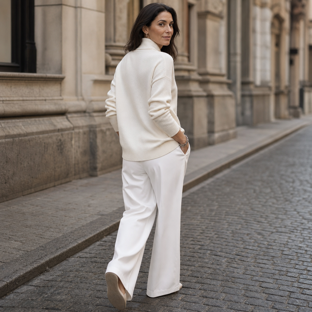 Cream sweater from the side view with shawl collar and ribbed knit cuffs
