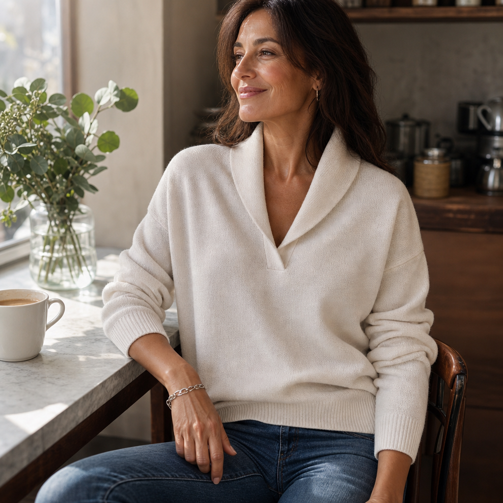 Cream V-neck sweater with draped shawl collar and soft knit texture