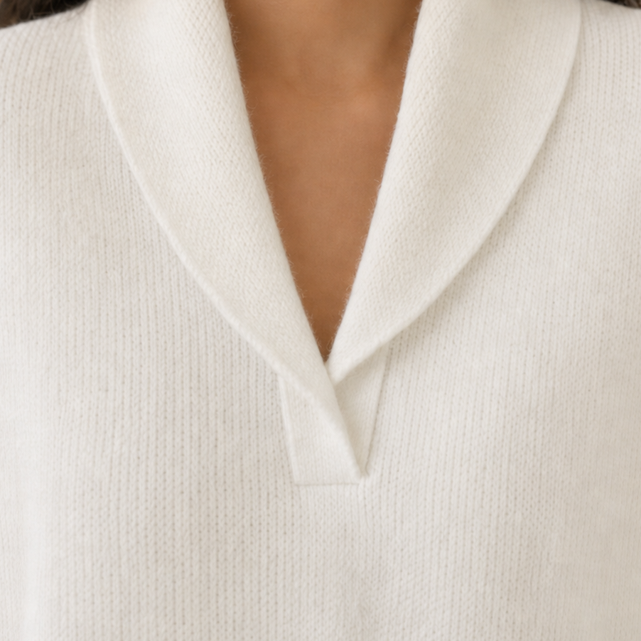 Cream draped shawl-collar V-neck sweater with knit texture and long sleeves