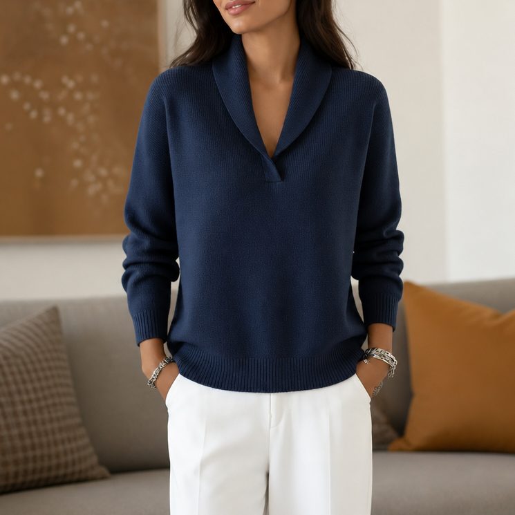 Navy draped shawl-collar V-neck sweater with ribbed cuffs and hem
