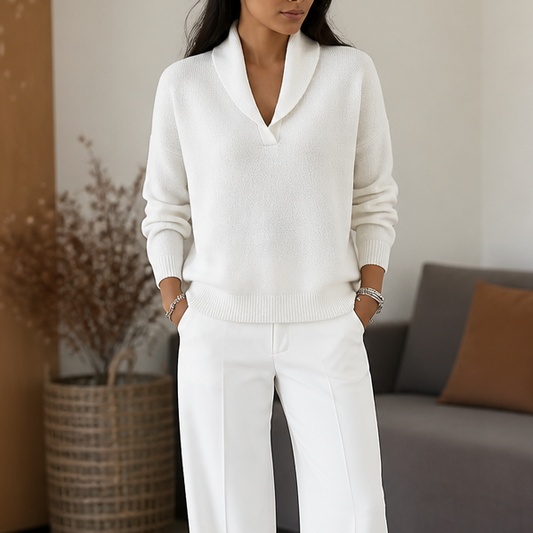 White draped shawl-collar V-neck sweater with relaxed fit knit and cuffs