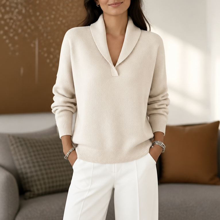 Cream draped shawl-collar V-neck sweater with long sleeves and ribbed trim