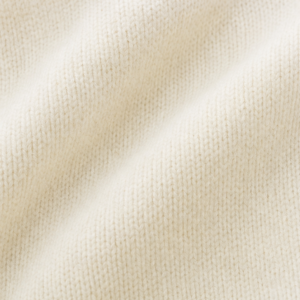 Cream stretch-knit sweater fabric close-up with fine textured knit pattern