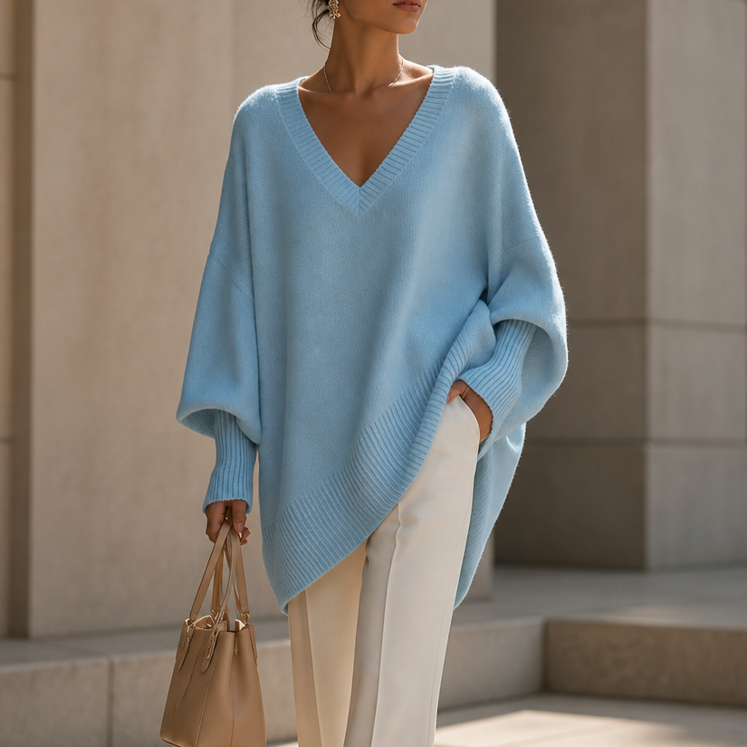 Sky blue draped V-neck stretch-knit sweater with loose batwing sleeves and ribbed cuffs
