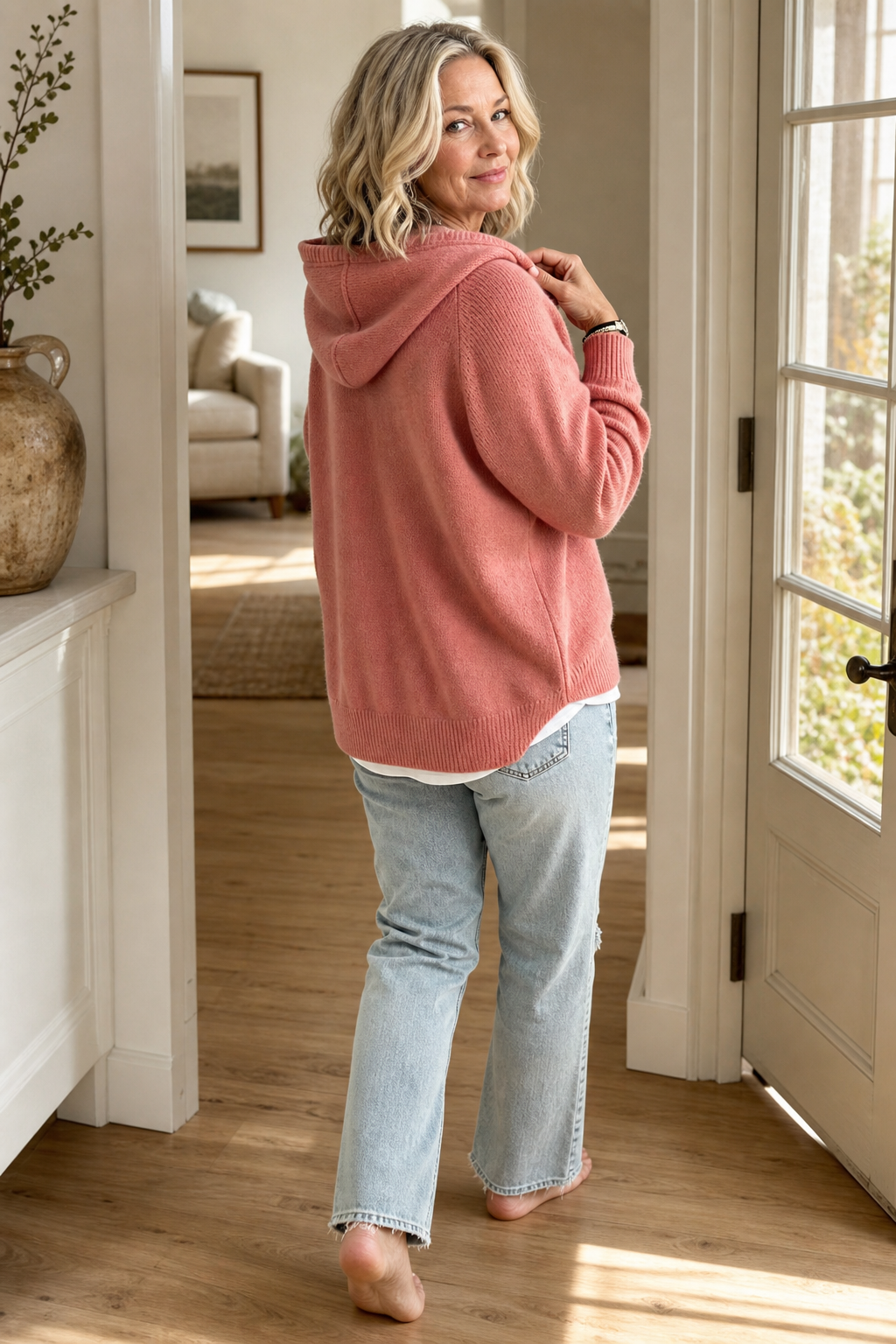 Rose pink drawstring hood knit pullover with ribbed cuffs and hem