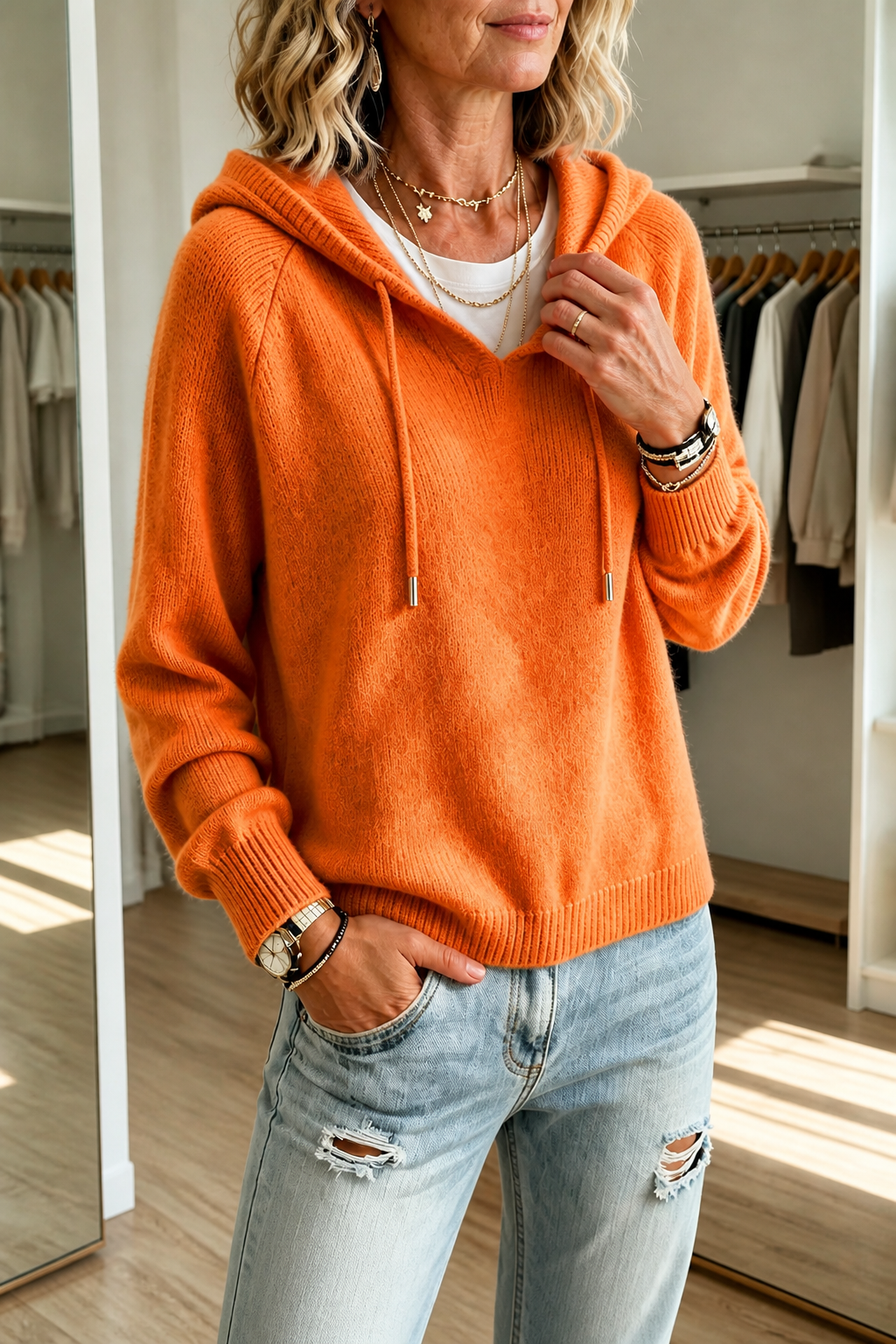 Orange hooded knit pullover with drawstring, ribbed cuffs and hem