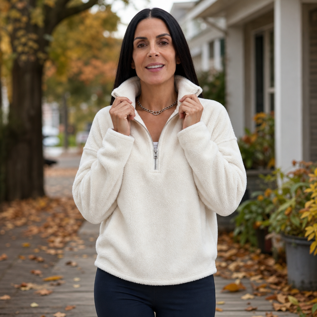 Cream white sherpa quarter-zip pullover with half zip and relaxed drop-shoulder fit
