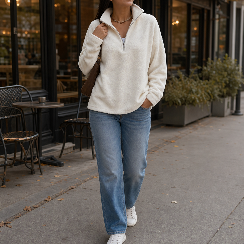 Cream white quarter-zip pullover with drop shoulders, long sleeves, and textured fleece