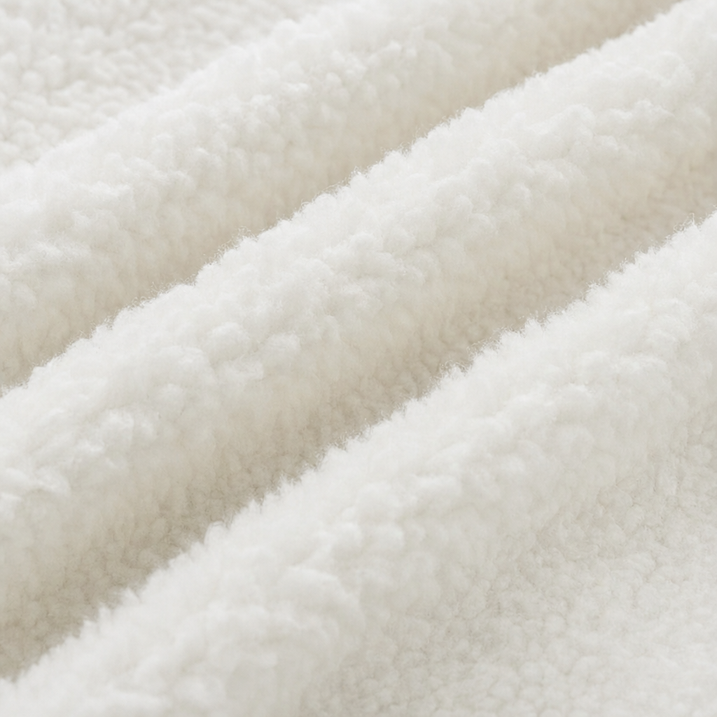 Close-up of cream white fuzzy sherpa fleece fabric texture