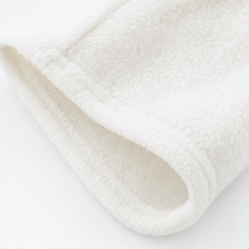 Close-up of cream white fleece fabric hem with soft rounded edge