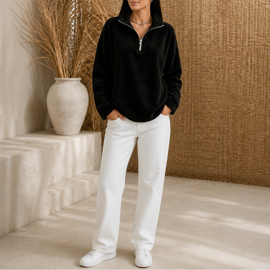 Quarter-zip pullover with drop shoulders, black fleece knit quarter zip