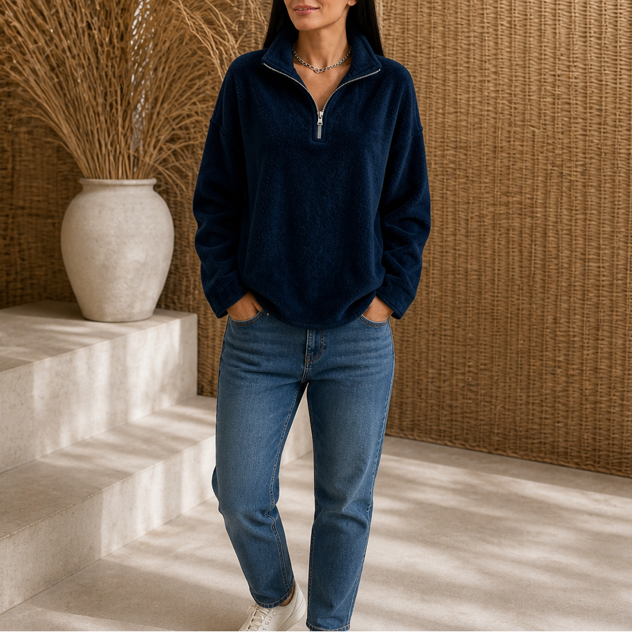 Quarter-zip pullover with drop shoulders, navy blue fleece knit quarter zip