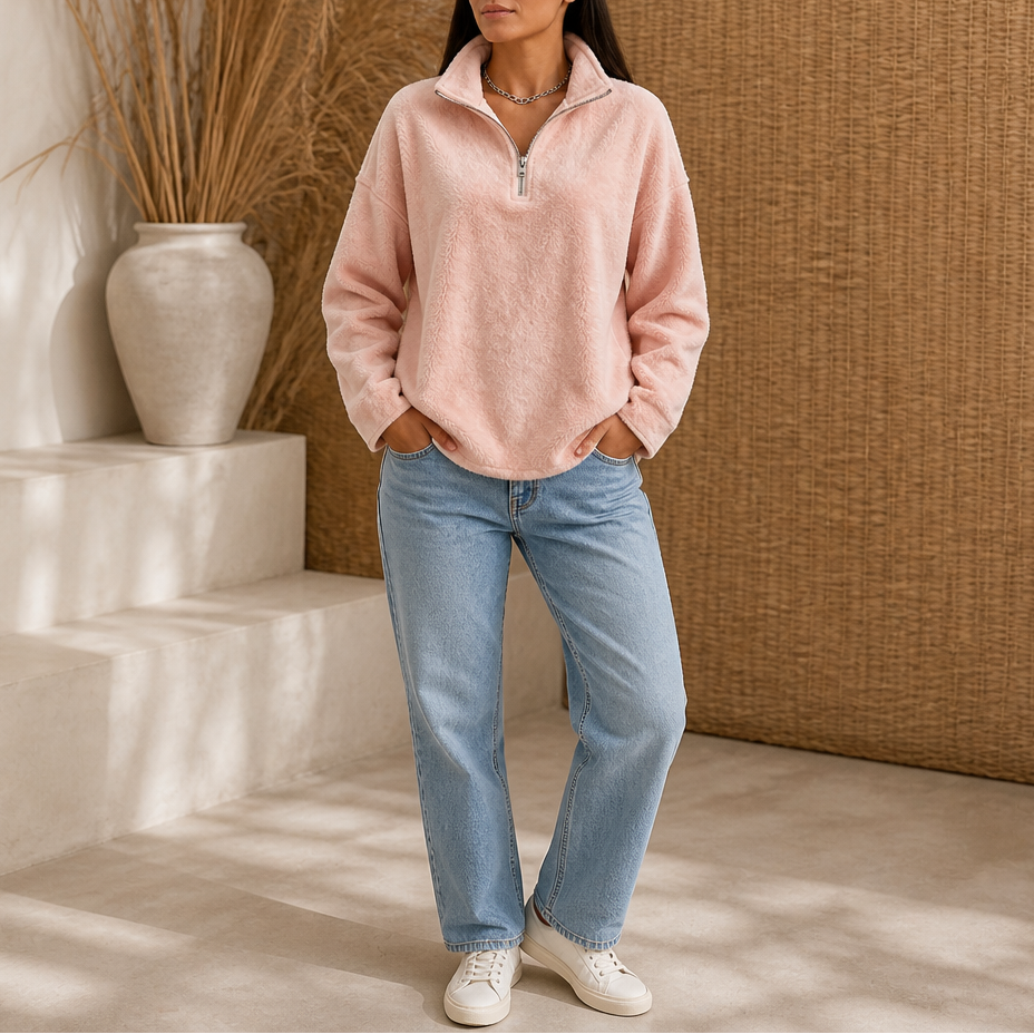 Quarter-zip pullover with drop shoulders, blush pink fleece knit quarter zip