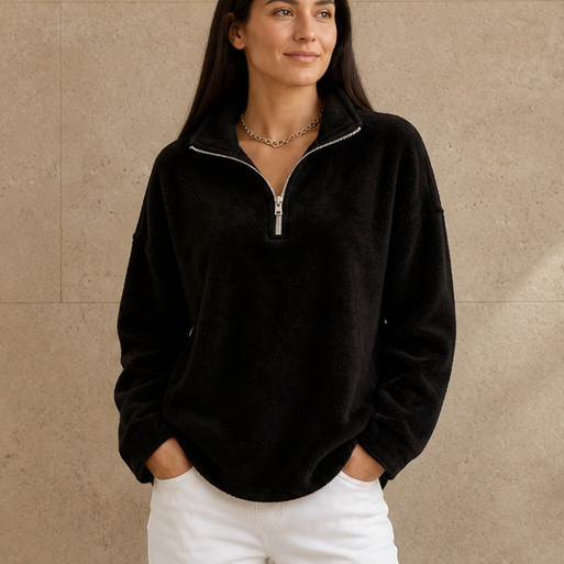 Black fleece quarter-zip sweatshirt with dropped shoulders and half-zip neckline