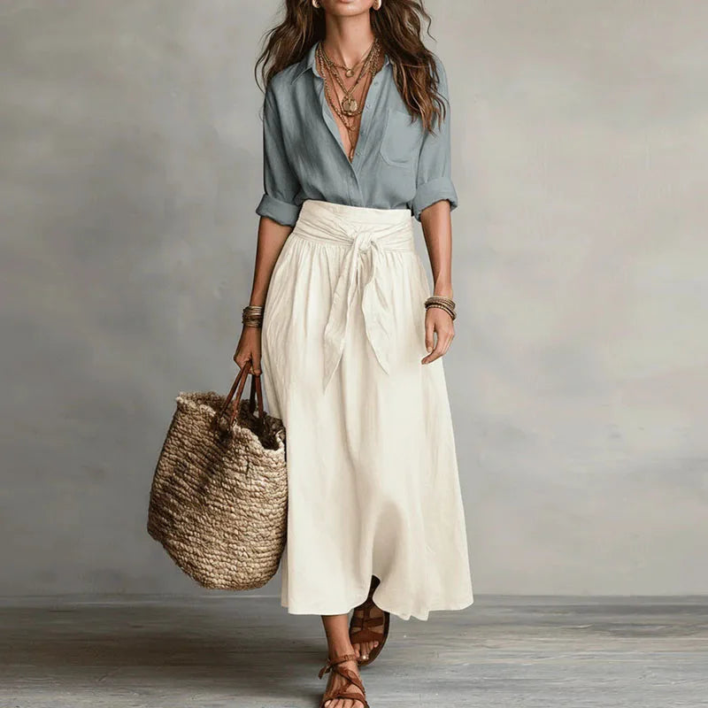 Tie-waist co-ord set with grey button-front blouse and cream drawstring midi skirt