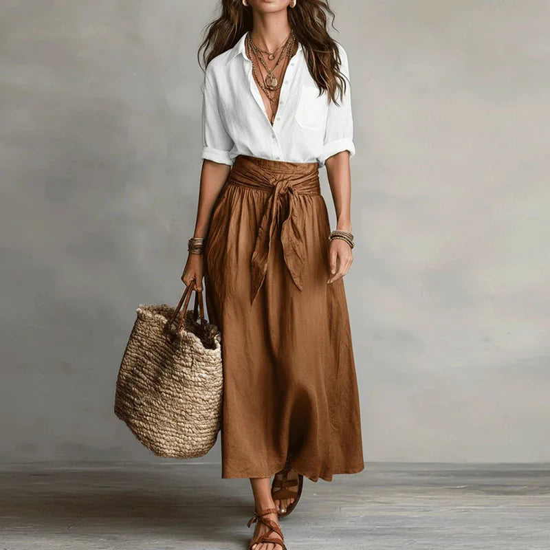Tie-waist co-ord set with white button-front blouse and tan drawstring midi skirt