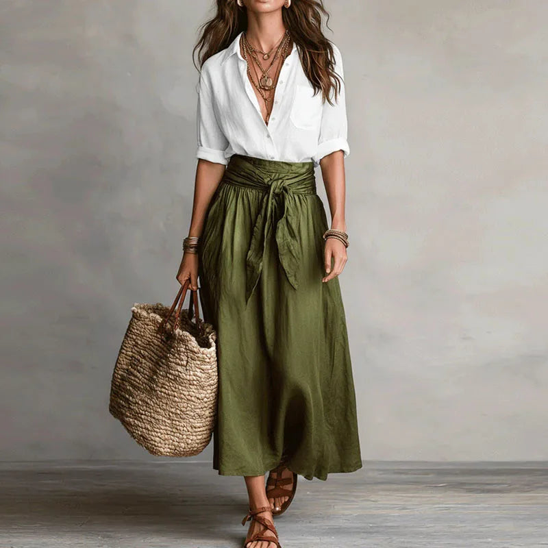 Tie-waist co-ord set with white button-front blouse and olive drawstring midi skirt