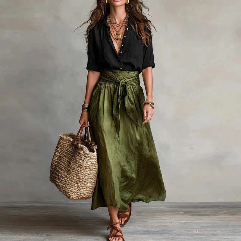 Tie-waist co-ord set with black button-front blouse and olive drawstring midi skirt