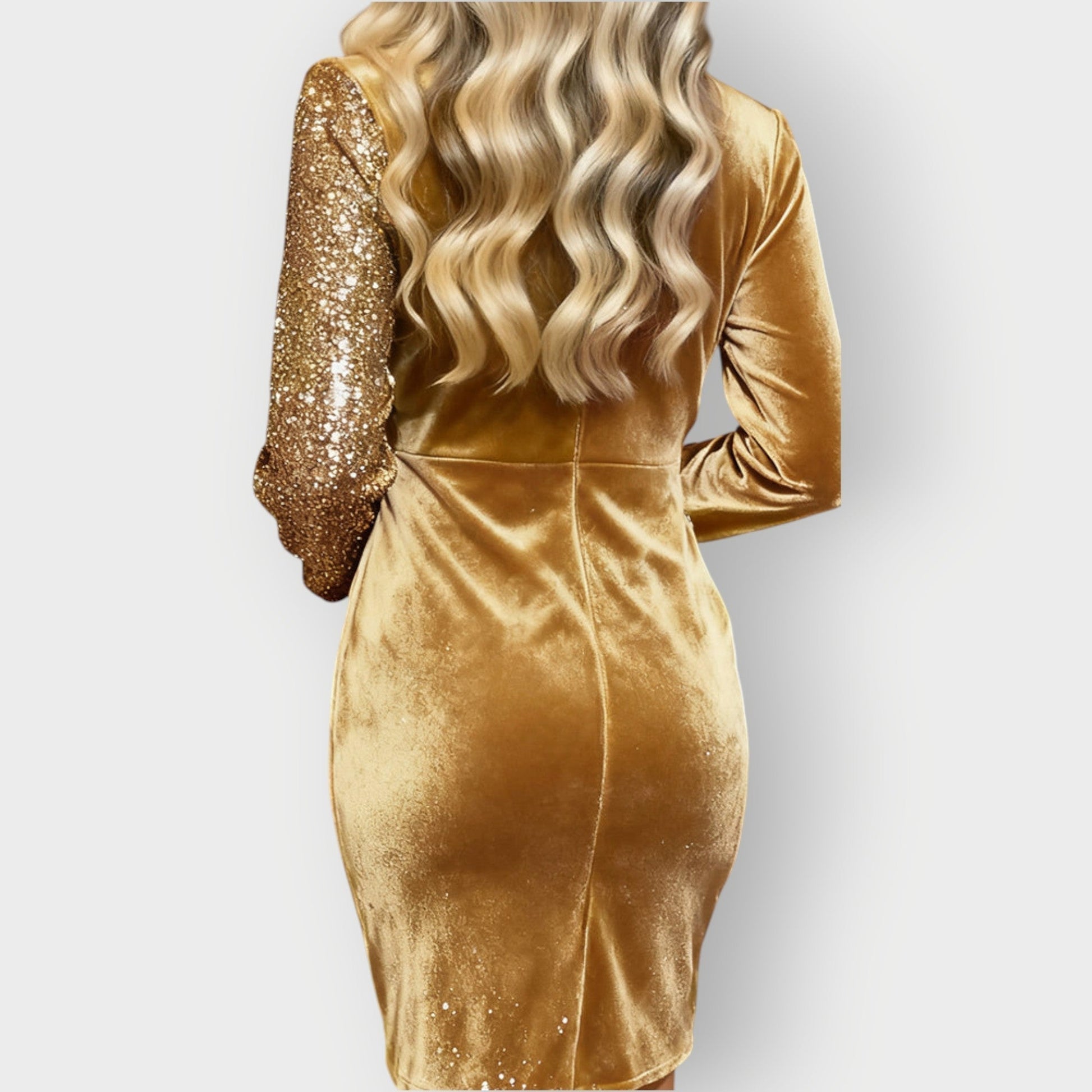Gold velvet party dress with long sleeves and sequin texture on sleeves, ruched waist.