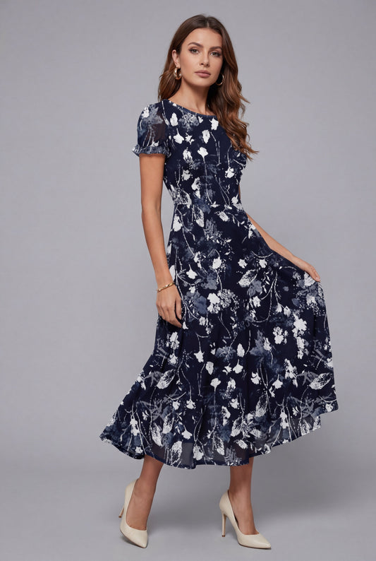 Navy floral midi dress with crew neck, short sleeves, fitted bodice and flared skirt